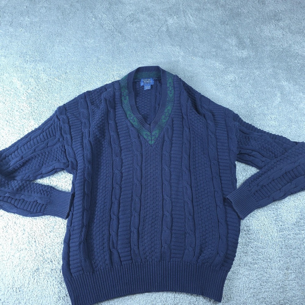 VTG Cambridge Classics Sweater Mens Large Blue Cable Knit V Neck Pullover Cotton